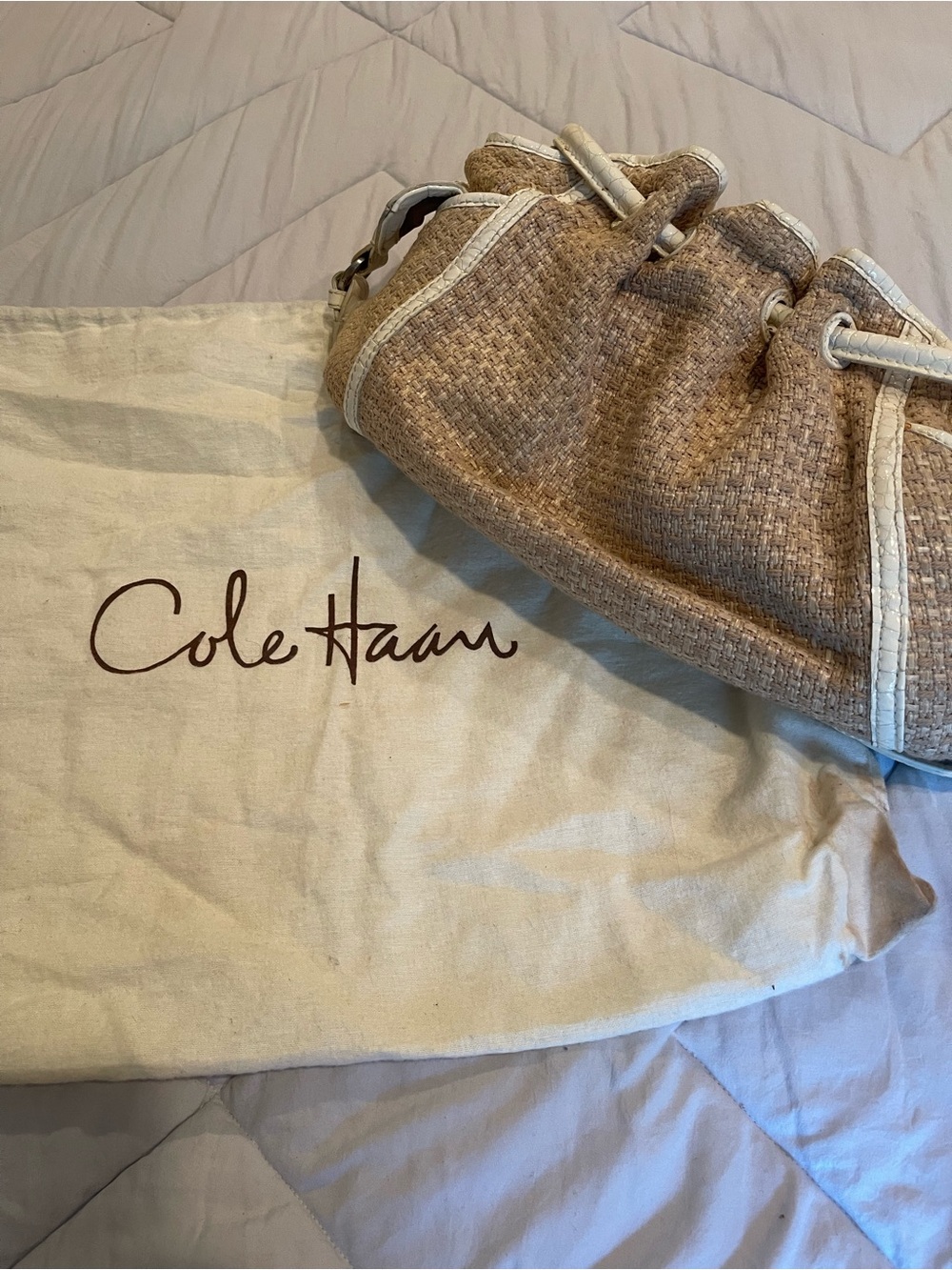 Cole Haan Beige-Tan Woven Shoulder Bag with Cream Trim